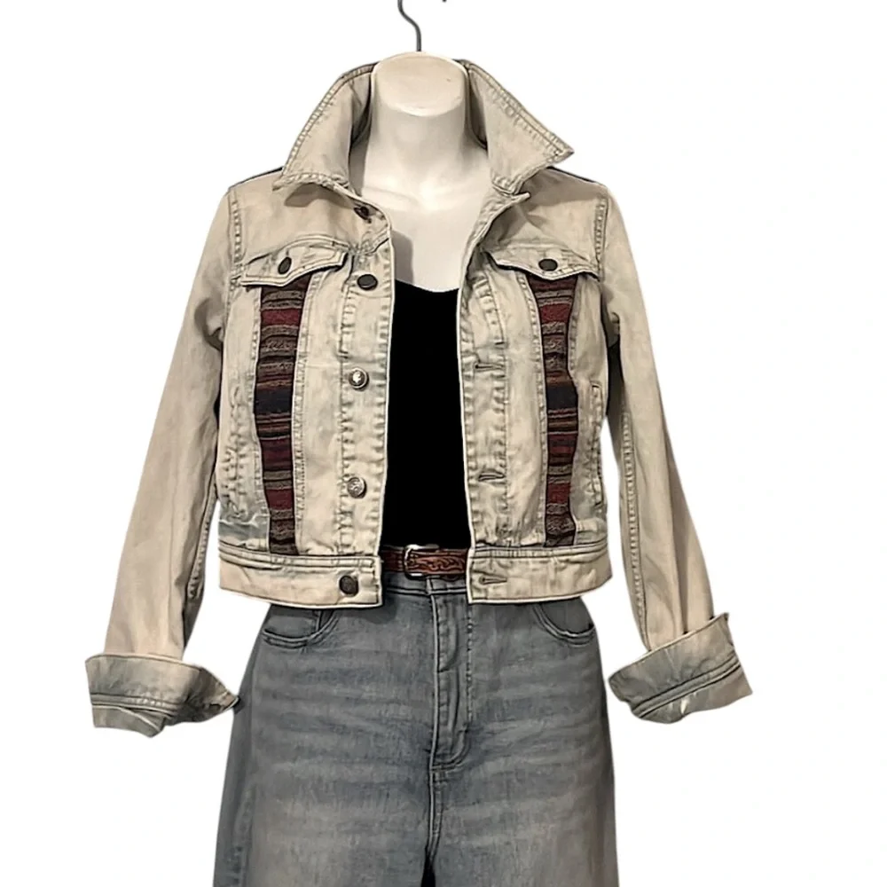 Free People Color-block Patchwork Boho Womans Cropped Denim Jean Jacket 2